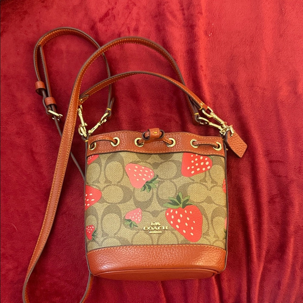 Coach Tan and Brown Crossbody Bag with Strawberry Print